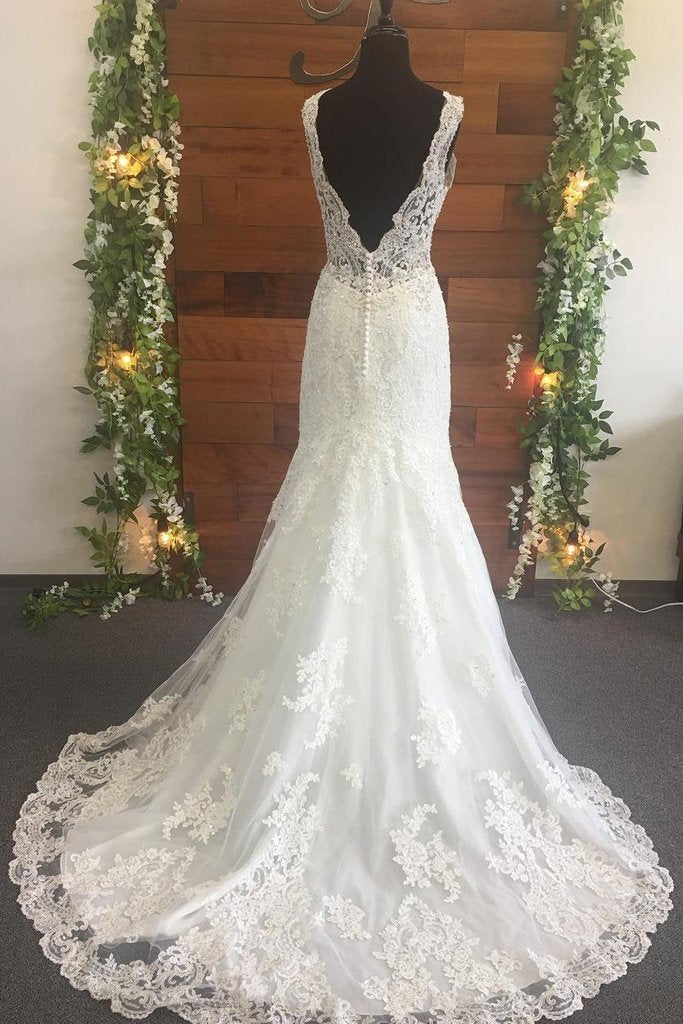 Mermaid Lace Beads Appliques V Neck Ivory Wedding Dresses Long Bridal Dress WK657