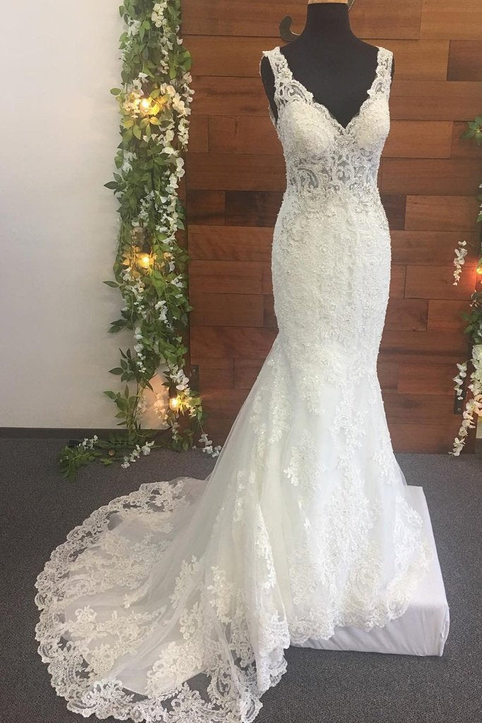 Mermaid Lace Beads Appliques V Neck Ivory Wedding Dresses Long Bridal Dress WK657