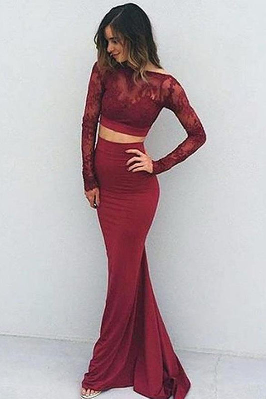 Mermaid Long Sleeve Two Pieces Prom Dresses Burgundy Backless Evening Dresses WK662