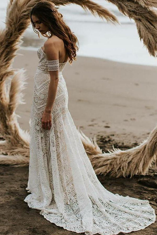 Unique Mermaid Off the Shoulder Straps Ivory Lace Beach Wedding Dress Bridal Dresses WK829