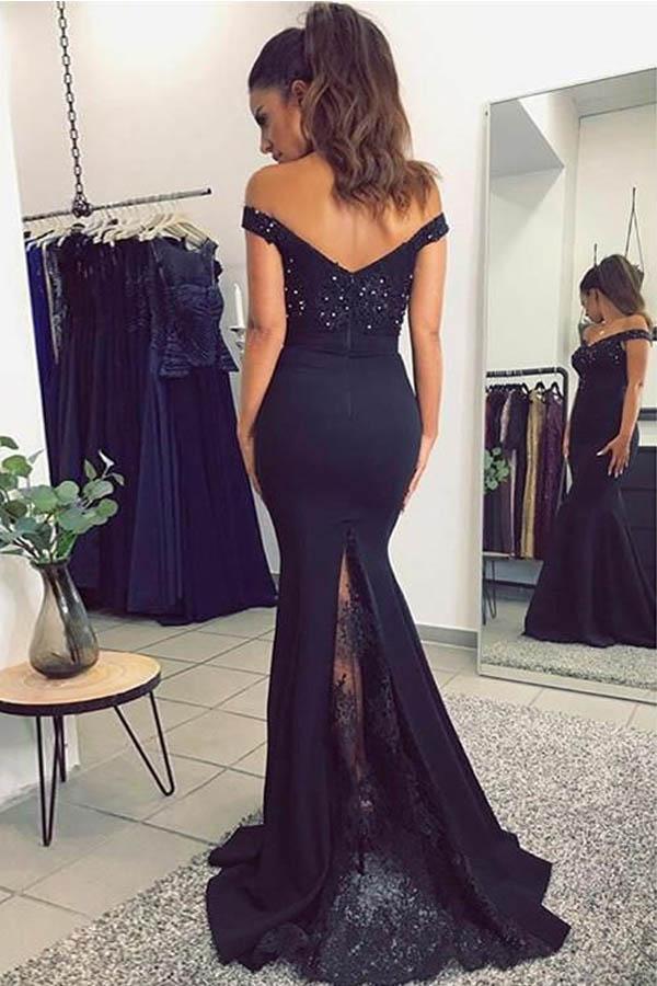 Mermaid Off the Shoulder Navy Blue Sweetheart Prom Dresses with Sequins WK577