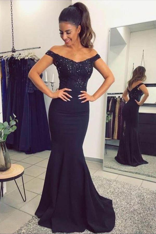 Mermaid Off the Shoulder Navy Blue Sweetheart Prom Dresses with Sequins WK577