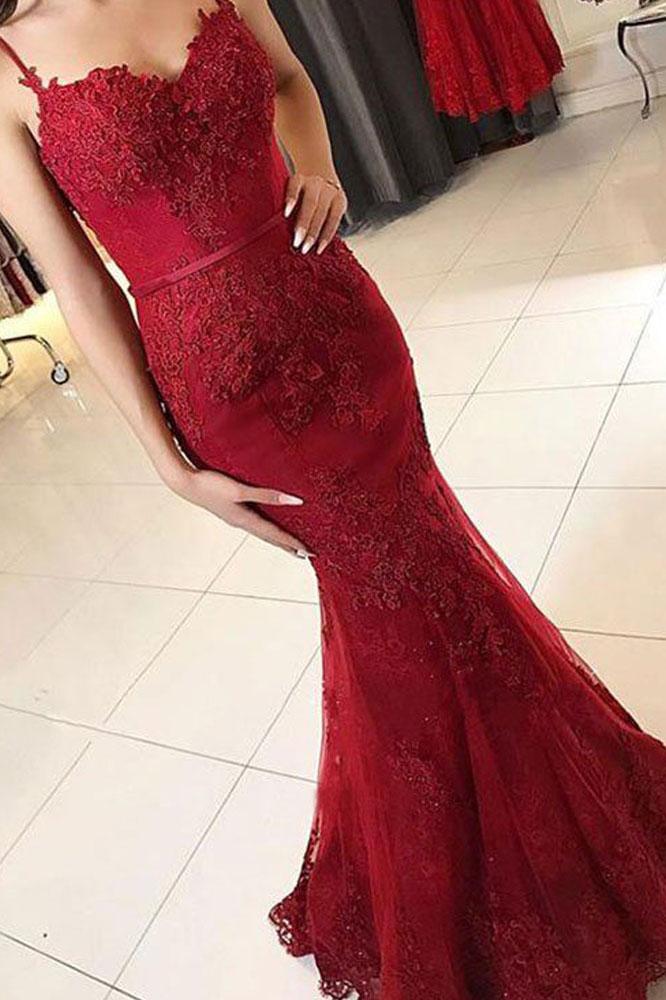 Mermaid Spaghetti Straps Burgundy Lace Appliques Prom Dresses Long Formal Dress WK455