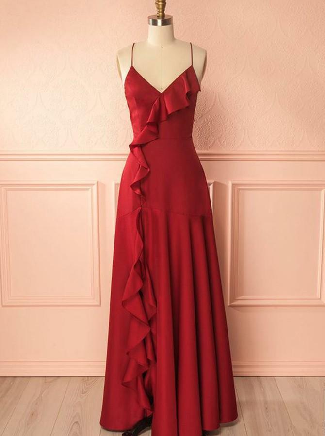 Mermaid Spaghetti Straps Red Satin Prom Dresses with Ruffles Long Party Dress WK400