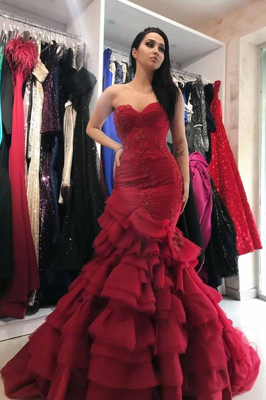 Sexy Mermaid Sweetheart Burgundy Strapless Lace Appliques Lace up Tulle Prom Dresses P1026