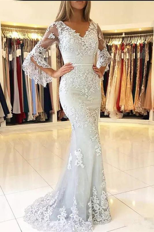 Mermaid V Neck Long Sleeve Prom Dresses Lace Appliques V Back Evening Dresses WK554