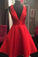 Cute A-Line V-Neck Open Back Short Red Satin Homecoming Dress with Bowknot WK701