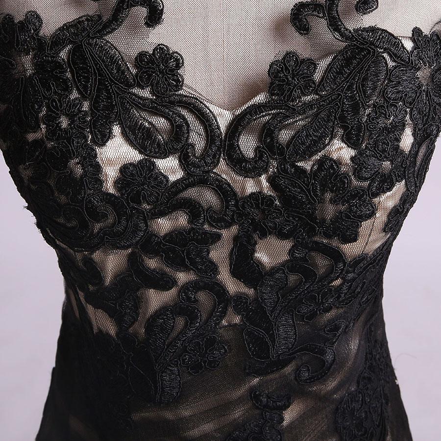 Mermaid Black Tulle Lace Appliques Long Sleeve V Back Scoop Cheap Prom Dresses WK176