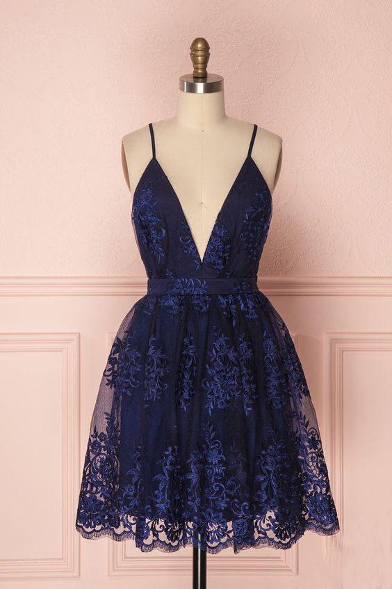 Navy Blue Deep V Neck Lace Spaghetti Straps Homecoming Dresses Short Prom Dresses H1116