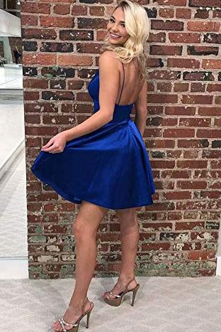 Navy Blue Spaghetti Straps V Neck Homecoming Dresses with Pockets V Neck Cocktail Dress H1093