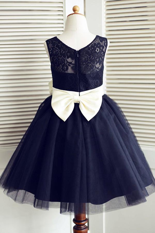 A-Line Round Neck Navy Blue Tulle Flower Girl Dress with Lace Flower WK887