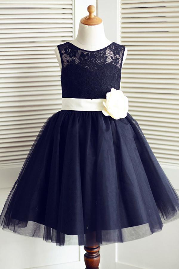 A-Line Round Neck Navy Blue Tulle Flower Girl Dress with Lace Flower WK887