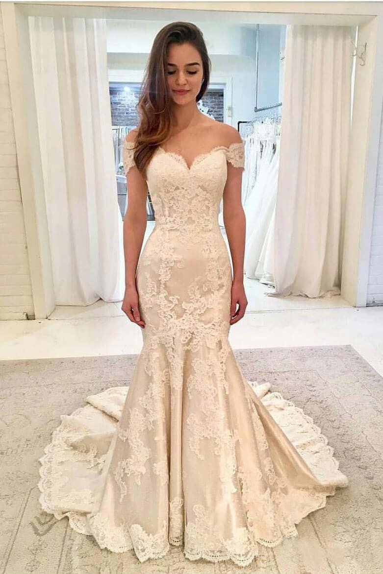 Off the Shoulder Lace Mermaid Sweetheart Wedding Dresses with Train Wedding Gowns WK380