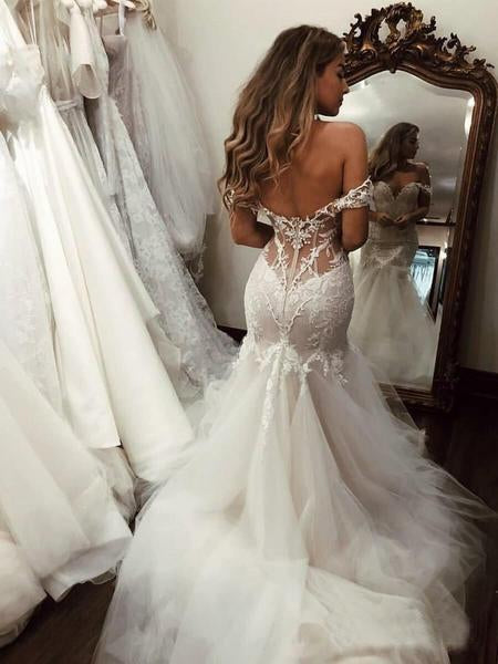 Off the Shoulder Mermaid Tulle Wedding Dresses Lace Appliques Bridal Gown WK448