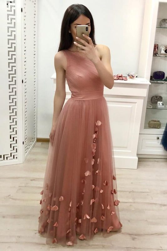 One Shoulder A Line Tulle Blush Pink Floor Length Prom Dresses Cheap Long Evening Dress WK902