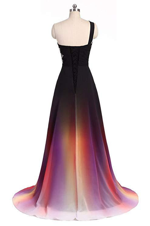 One Shoulder Ombre Chiffon Prom Dresses Lace up A Line Beads Ruffles Prom Gowns WK531
