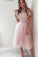 Pink Tea Length Tulle High Neck Short Sleeve Homecoming Dresses Short Prom Dress H1031