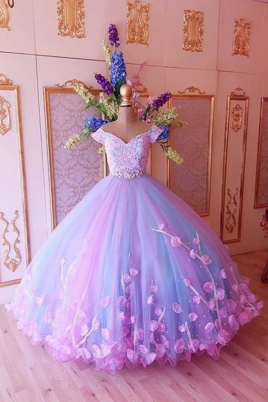 Princess Pink and Blue Ball Gown Off the Shoulder Prom Dresses Quinceanera Dresses WK911