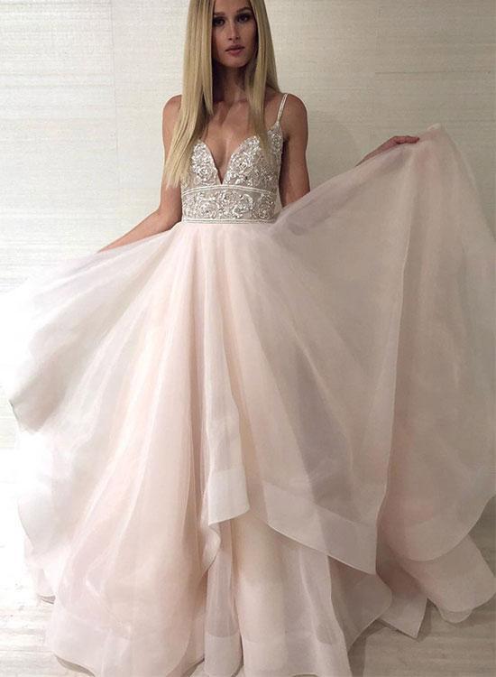 Princess Spaghetti Straps V Neck Tulle Beads Backless Pink Prom Dresses Evening Dresses P1022