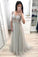 Princess V Neck Short Sleeve Gray Prom Dresses Long Tulle Party Dresses WK894