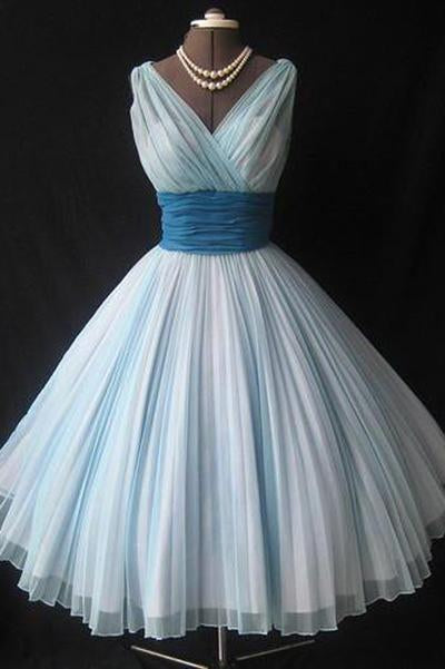 A Line V Neck Tulle Blue Short Knee Length Sleeveless Cute Mini Homecoming Dresses WK904
