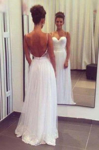 Spaghetti Straps Sweetheart Tulle Long Elegant Lace Cheap Backless Evening Wedding Dresses WK71