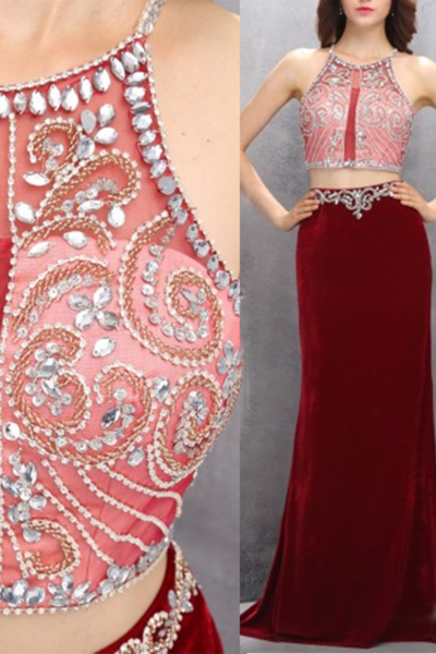 Sexy red chiffon two pieces see-through beading floor-length prom dresses
