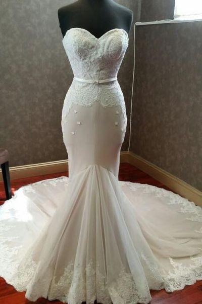Elegant ivory lace tulle sweetheart mermaid dress floor-length Wedding dresses WK183