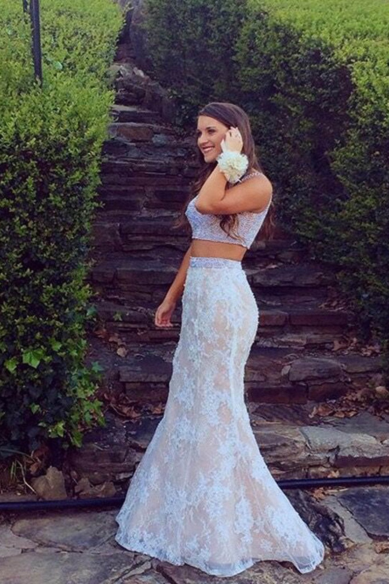 White lace two pieces mermaid beading long prom dress graduation dress