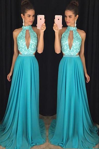 Blue chiffon lace halter round neck sexy long prom dress