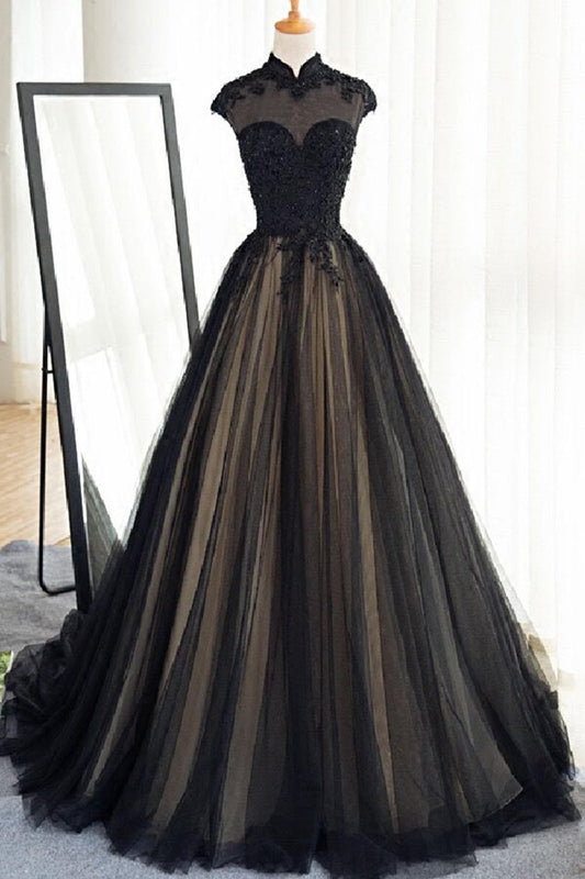 Black tulle cap sleeves floor-length long prom dresses luxury dresses WK875