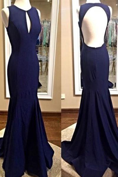 Dark blue chiffon simple mermaid long prom dresses backless prom dresses