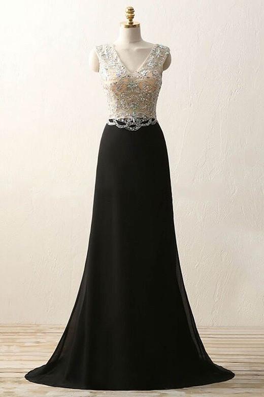 Black chiffon beading see-through full-length prom dress