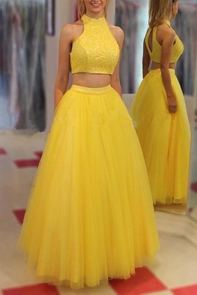 Yellow tulle two pieces O-neck A-line long prom dress graduation dress