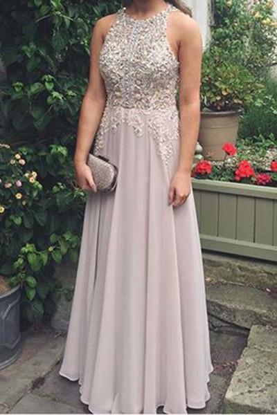 Elegant chiffon lace round neck sequins evening dresses long prom dress