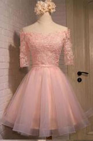 Glamorous A-line Off-the-shoulder Coral Organza Half Sleeves Homecoming Dress With Appliques WK446