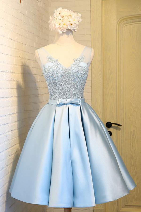 Sky Blue A-Line V-Neck Short Prom Dresses Appliques Lace Homecoming Dresses WK568