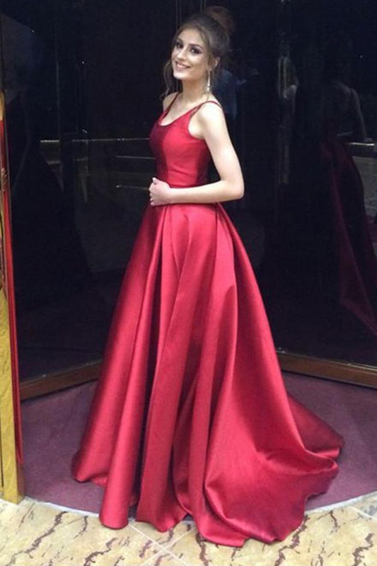 Red A-Line Long Simple Satin Open Back Sleeveless Evening Dress Prom Dresses WK507
