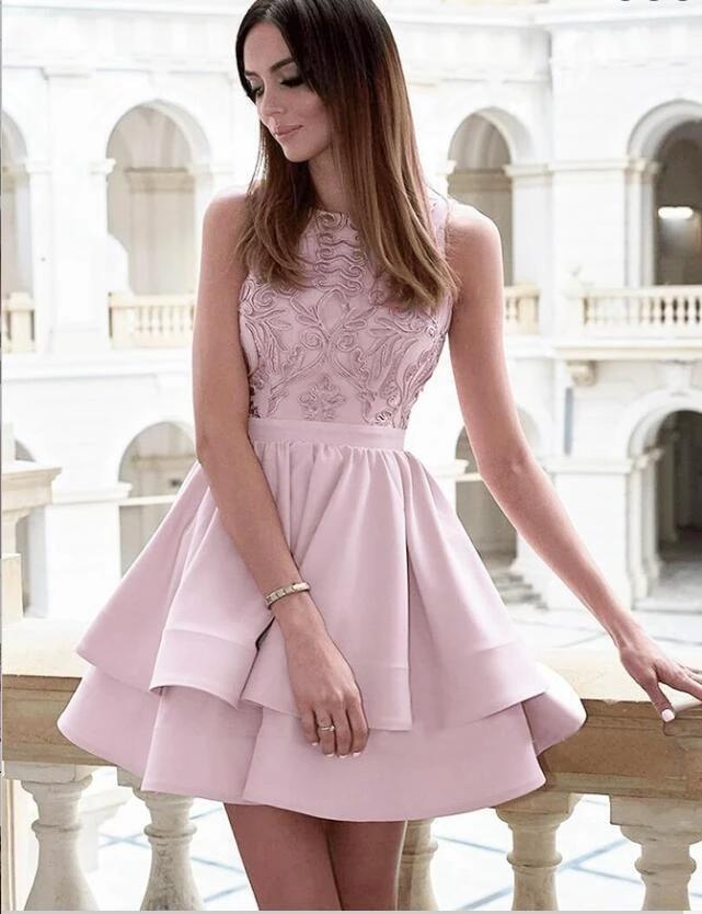 Cute A line Sleeveless Scoop Satin Pink Embroidery Short Homecoming Dresses H1302