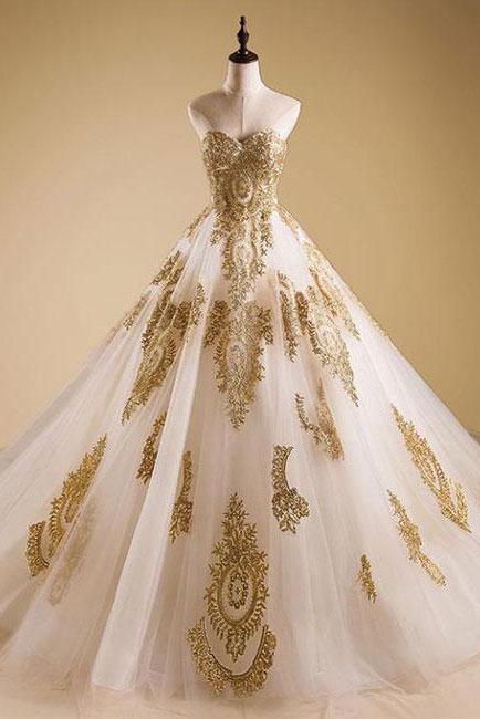 Elegant Gold Neck Tulle Strapless Sweetheart Lace Ball Gown Prom Dress Quinceanera Dress WK447