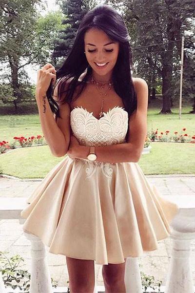Cute Sweetheart Lace Applique Short Above Knee Button Homecoming Dress WK280