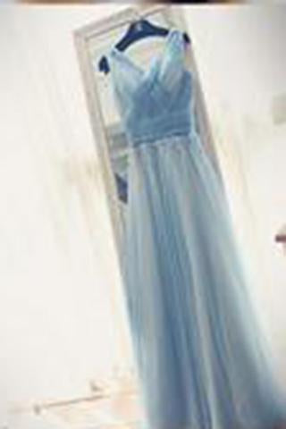 A-line V-neck Floor-length Tulle with Beading Prom Dresses Evening Dresses WK550
