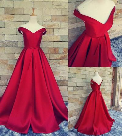 Simple Ball Gown Off The Shoulder Sweetheart Red Satin Fitted Corset Prom Dresses WK157