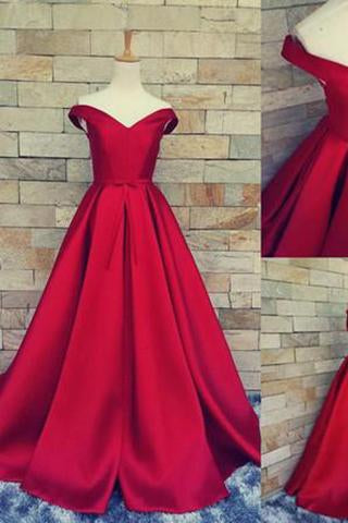 Simple Ball Gown Off The Shoulder Sweetheart Red Satin Fitted Corset Prom Dresses WK157