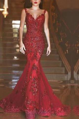 Gorgeous Red Mermaid V-neck Backless Prom Dresses with Beading Appliques For Spring Teens WK130