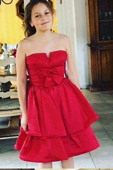 Red A-Line Strapless Bowknot Short Prom Dress Satin Party Dress Homecoming Dresses H1246