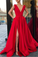 Red A Line Deep V Neck Split Prom Dresses with Pockets Strap High Slit Evening Dress WK481