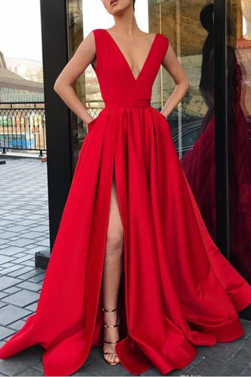 Red A Line Deep V Neck Split Prom Dresses with Pockets Strap High Slit Evening Dress WK481