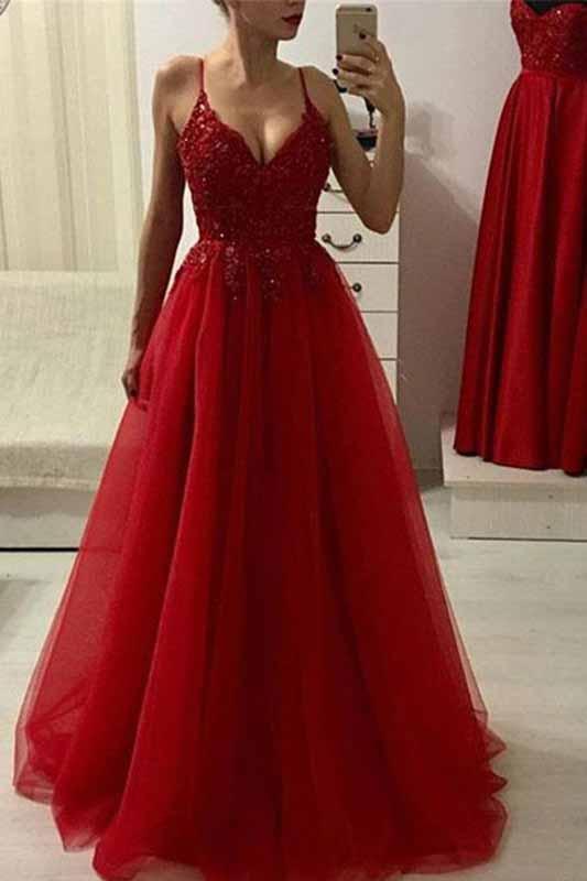 Red A Line Spaghetti Straps Beads Tulle Evening Dresses V Neck Long Prom Dress WK587