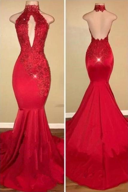 Red Mermaid High Neck Backless Satin Prom Dresses Long Cheap Evening Dresses WK909